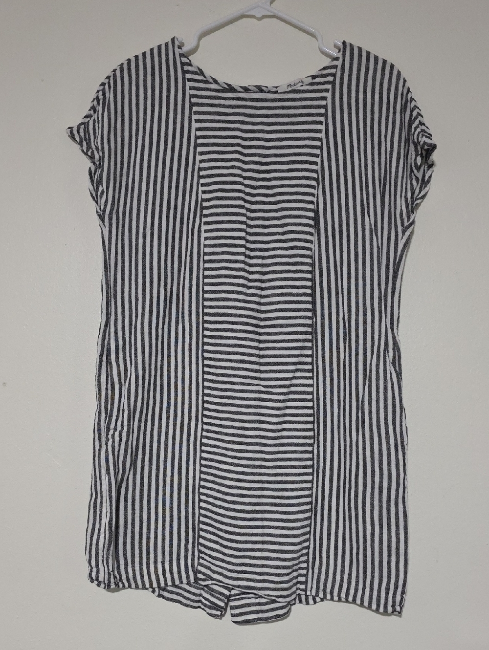 Madewell Stripe Play Button- Back Tee Mini Dress Womens Medium White Linen Blend